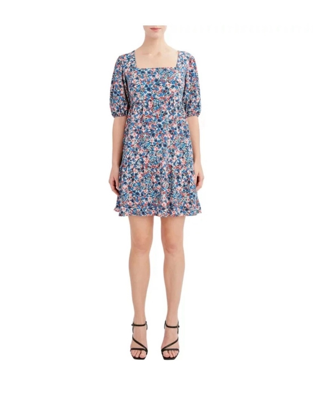 BCBG Blue and Pink Floral Square-Neck Mini Dress